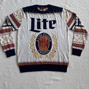 MILLER LITE AOP Beer Sweater L Graphic Ugly Christmas Knit Pullover Party
